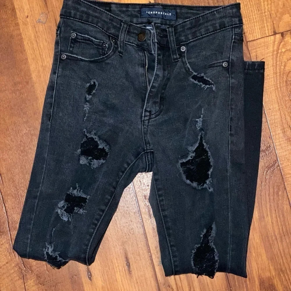 Aeropostale High Waisted Jeggings Black Jeans Ripped‎ Destroy size 0 short